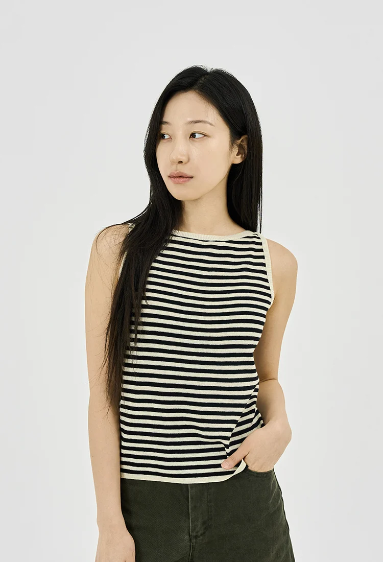 BOAT NECK SLIM FIT STRIPE SLEEVELESS