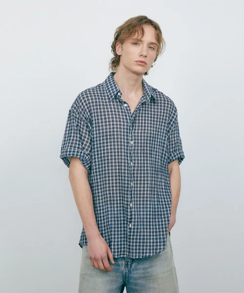 BOXY OVERFIT CHECK ROLLUP HALF SHIRT - Image 2