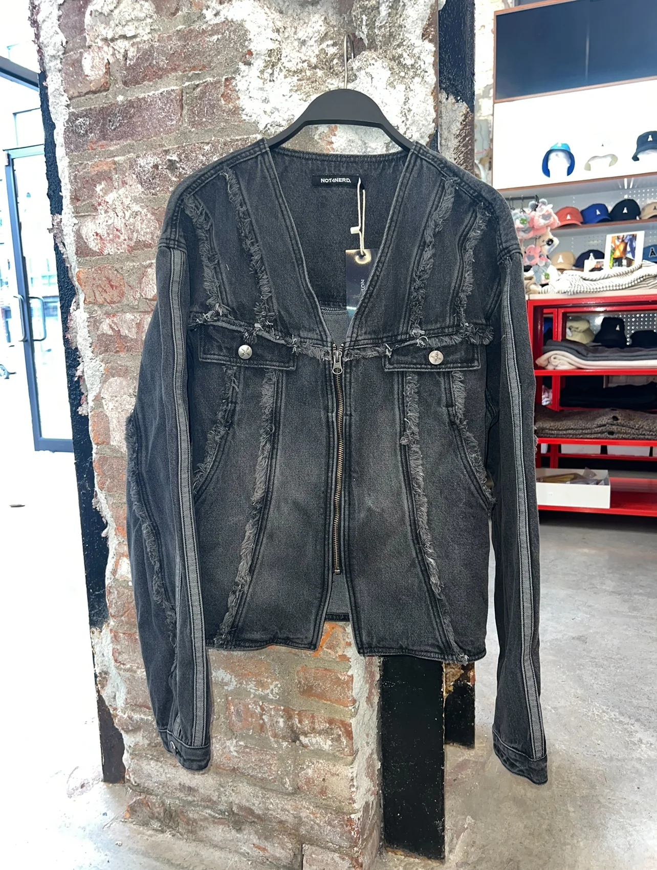 CUT OFF SIDE LINE V-NECK DENIM JACKET - Image 3